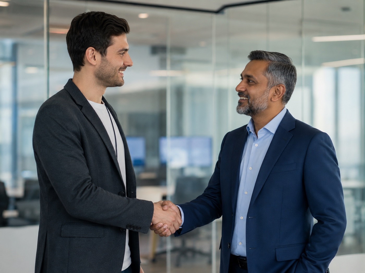 A PearShape engineer shaking hands with an enterprise executive